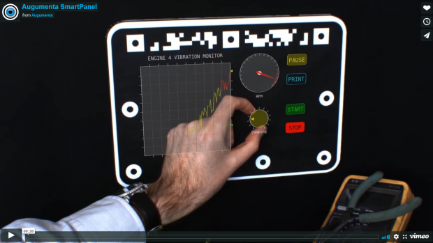 At the top of this SmartPanel is machine-readable code that's scanned to identify the panel and set the user's operating limits. Users wearing smart glasses interact with virtual knobs, buttons and other widgets using single or multiple finger gestures. Screen capture courtesy of Augumenta Ltd.