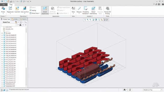 Automatic orientation and positioning of parts to be printed in the printer chamber for efficiency is a desired feature for designers exploring additive manufacturing. Shown here is PTC Creo’s deployment of this feature. Image courtesy of PTC.