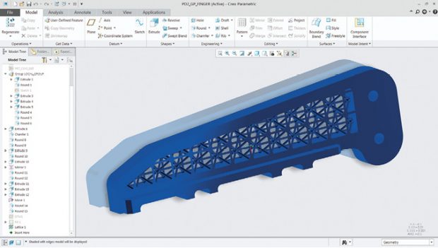 Mainstream CAD packages look for ways to faithfully model and represent complex lattice-filled parts. Shown here is a PTC Creo Parametric part with lattice structures. Image courtesy of PTC.