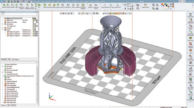 3DXpert design for metal additive software delivers a range of tools to prepare 3D design data for metal additive production including optimization of supports, zoning, addition of lattice work, build simulation and more. Image courtesy of 3D Systems.
