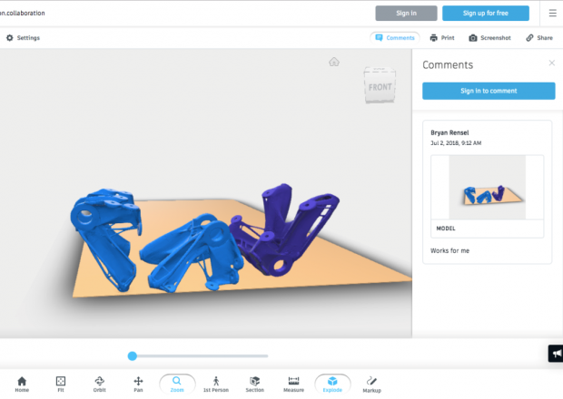 Capabilities for shared viewing and cloud storage now available in Netfabb enable users to send a simple browser link to a stored file to third parties. Those who receive the link can view files as well as make comments on them. Image courtesy of Autodesk Inc.