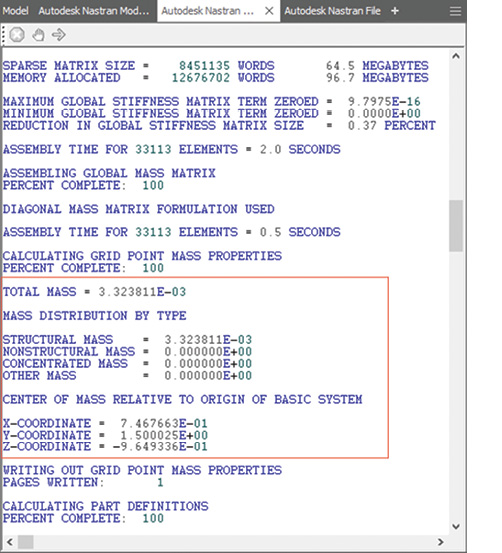 Fig. 9: Nastran output text file showing mass property calculations.