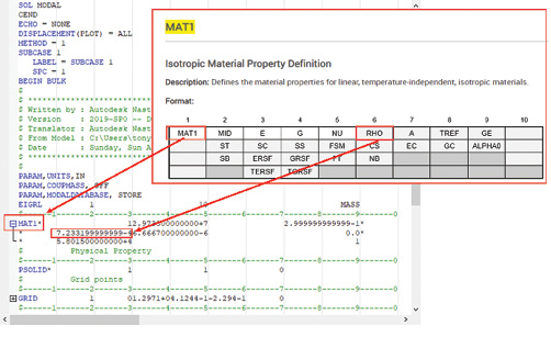 Fig. 10: Nastran input file with MAT1 help overlaid.